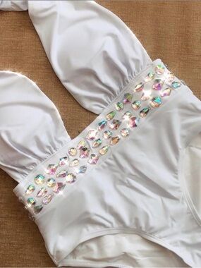 White Embellished Plunge Bikini Swimwear Swimsuit Bride Bridal M